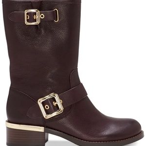 Vince Camuto size 7 burgundy like color with gold buckles, boots worn only once.